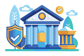 A building with a shield and a check mark symbol in front, symbolizing security and verification, security at the bank, Simple and minimalist flat Vector Illustration
