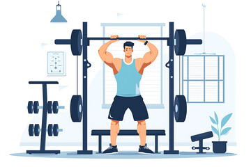 Fototapeta premium Illustration of a muscular man lifting weights in a home gym setting with indoor plants. Generative AI