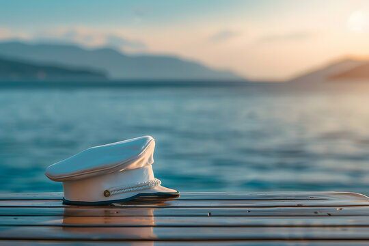 white captain's cap on a wooden table on a blurred background of the sea,