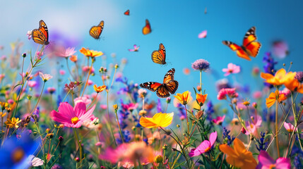 Fototapeta na wymiar Summer meadow - wild flowers and butterflies. Horizontal banner