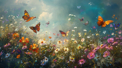 Obraz na płótnie Canvas Summer meadow - wild flowers and butterflies. Horizontal banner