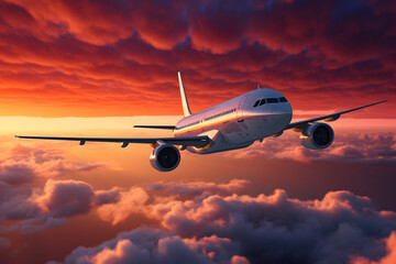 Obraz premium Airplane flying in colorful sky during sunset