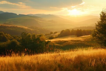 Slovakian mountain valley sunrise natural summer landscape photo available for sale on stock