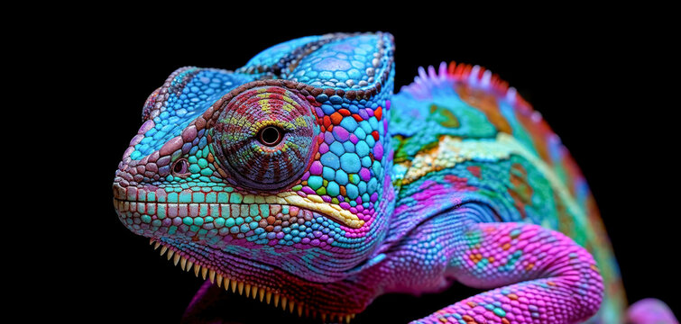Closeup of a colorful chameleon lizard with pink and blue colors on a black background. 