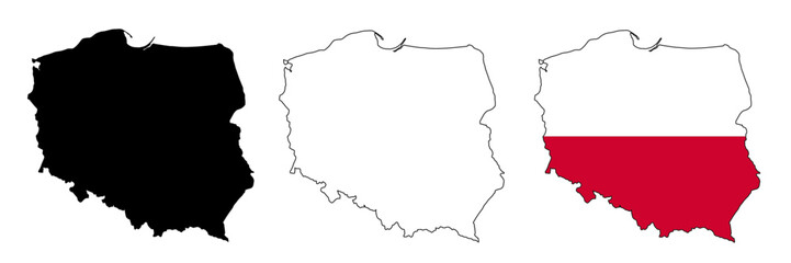 Poland map vector illustration. Black silhouette, outline and polish flag inside map of Poland on a transparent background.