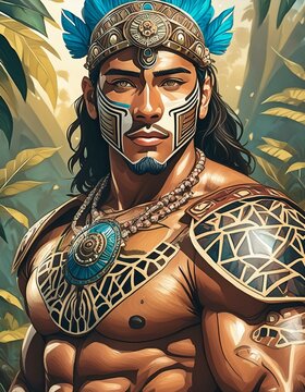 retrato de estereotipo ficticio de guerrero maya. 