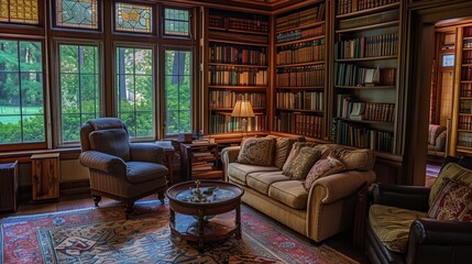 Naklejka premium a room with a lot of books and a chair in it and a big window with lots of plants