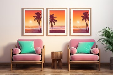 Tropical Summer Vibe Posters: Sunset Hues and Palm Trees for Beach Bar Decor