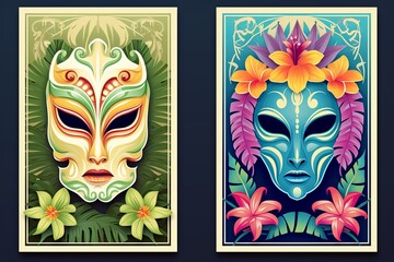 Tropical Luau Event: Tiki Masks and Fire Dancers' Summer Vibe Posters - obrazy, fototapety, plakaty