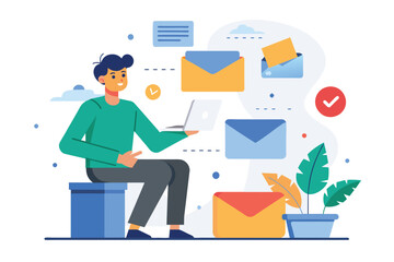 A person sitting on a box while working on a laptop, Sending data via email, Simple and minimalist flat Vector Illustration