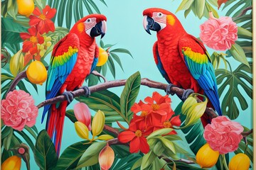 Tropical Summer Vibe Posters: Vibrant Toucans and Parrots - Travel Agency Window Display