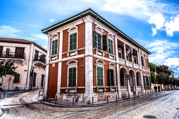 View from the street on colorful building in Paphos