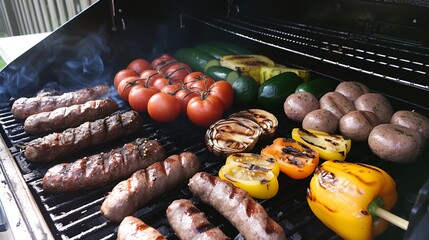 a grill with several different types of food