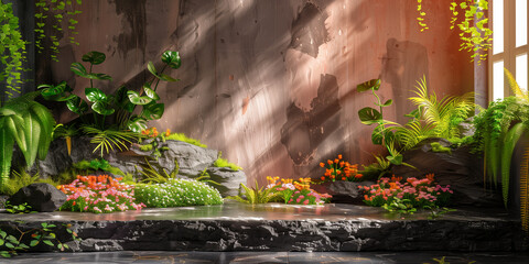 Sunlit Conservatory: Lush Ferns and Vibrant Flowers by Tranquil Reflecting Pool - obrazy, fototapety, plakaty
