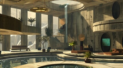 a futuristic building with a pool and a fountain in the middle of it - obrazy, fototapety, plakaty