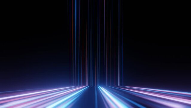 Abstract digital data transfer with colorful vertical lines on black background. Seamless loop animation.