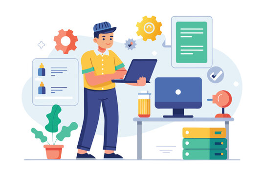A man standing in front of a computer, fixing error files to resolve issues, service technician fixes error files, Simple and minimalist flat Vector Illustration