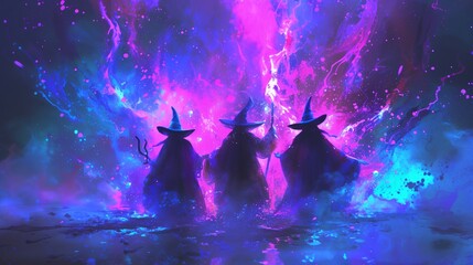 three witches in a dark room with colored smoke - obrazy, fototapety, plakaty