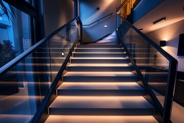 Sleek Staircase with Midnight Black Railings, Perfectly Lit for Architectural Showcases and Luxury Real Estate Brochures,