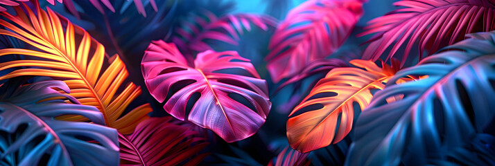 Creative fluorescent, neon color layout made of tropical leaves, nature concept