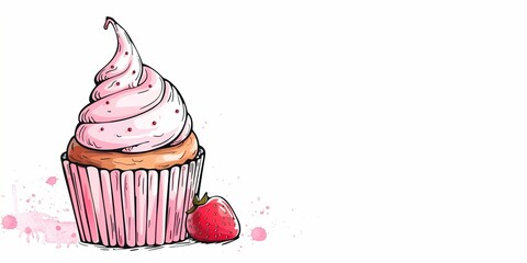 Illustration of cupcake with cream on white background with copy space.