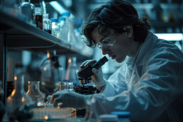 Biologist examining a sample through a microscope in a dimly lit lab.