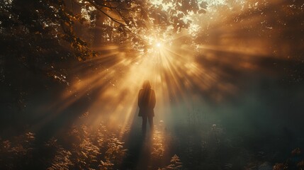 a person standing in the middle of a forest with the sun shining through the trees