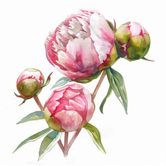 Pink Peonies Watercolor Painting on White Background