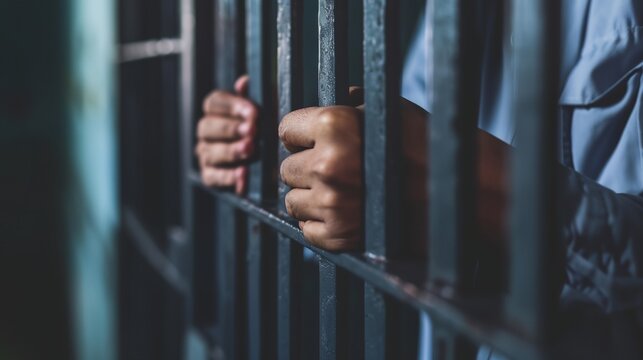 a person is holding a jail cell door with their hands