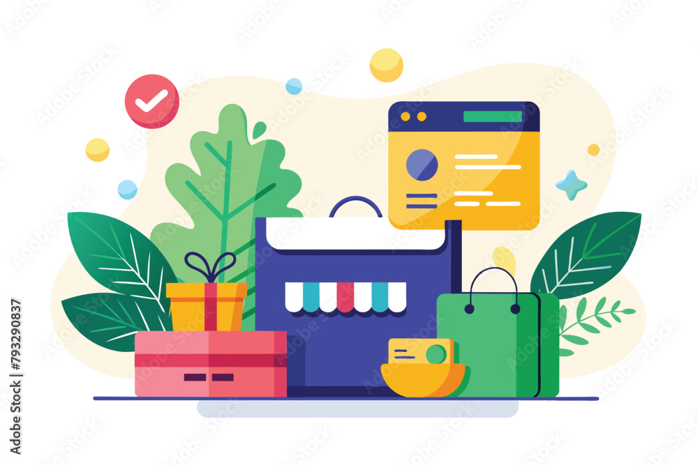 Poster flat design of shopping cart with check mark, shopping payments by card, simple and minimalist flat 