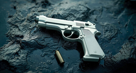 White silver pistol with textured grip laying down next to bullet casing on black muddy background.

