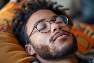 Young man napping peacefully in a comfortable environment. Generative AI image