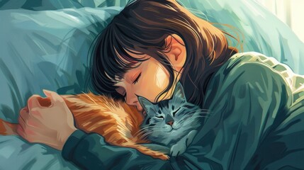 A girl is peacefully sleeping alongside her two cats - obrazy, fototapety, plakaty