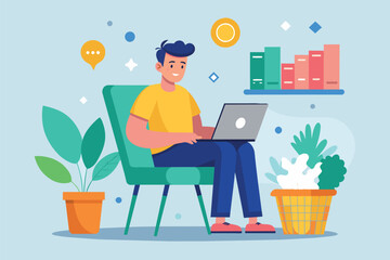 A man seated in a chair while using a laptop to shop online, S man sitting on a chair is shopping online using a laptop, Simple and minimalist flat Vector Illustration