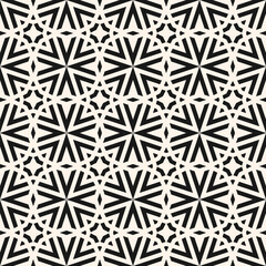 Vector geometric graphic texture. Stylish black and white seamless pattern with lines, stars, arrows, grid, floral silhouettes. Simple abstract monochrome ornament background. Repeated geo design