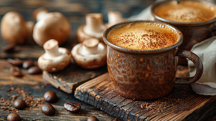 Gourmet Mushroom Coffee in Rustic Mugs on Wooden Background. Generative AI image
