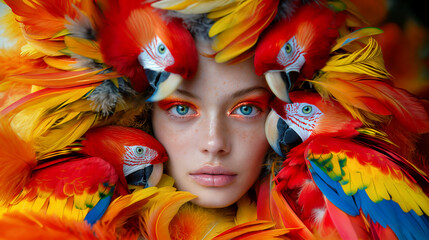 portrait of a beauty surrounded by parrots
