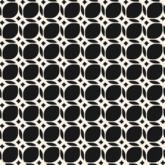 Vector monochrome geometric seamless pattern with rounded grid, net, mesh, lattice, curved shapes. Simple abstract black and white background. Geometrical ornament texture. Repeated modern geo design