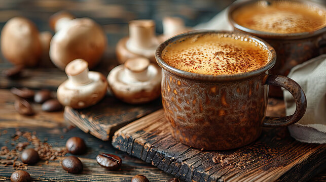 Gourmet Mushroom Coffee in Rustic Mugs on Wooden Background. Generative AI image