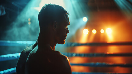 Silhouette of a boxing coach in a ring under dramatic lighting