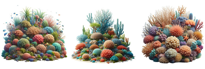 Obraz premium Cut Out Set of Colorful Coral Reef: Isolated on Transparent or White Background PNG Clipart Illustration 