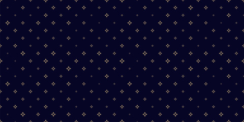 Golden vector seamless pattern with small diamonds, outline stars, sparkles. Abstract black and gold geometric texture. Simple minimal dark repeat background. Luxury design for decor, print, cover