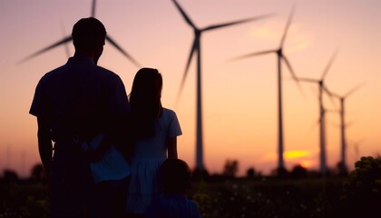 Fototapeta na wymiar Sustainable Harmony: Wind Turbines at Sunrise with Family's Silhouette in Foreground - Ultra HD, No Noise Image.