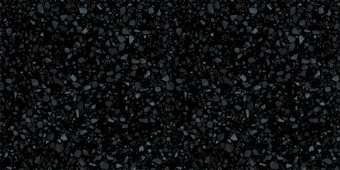 Black terrazzo flooring seamless texture. Realistic vector pattern of dark mosaic floor with natural stones, granite, marble, quartz, concrete. Classic Italian floor. Repeated design for print, render