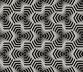 Vector abstract geometric seamless pattern with halftone lines, hexagon shapes in regular grid. Black and white geometrical background. Simple modern linear texture. Monochrome repeatable geo design