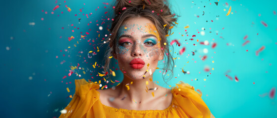 portrait of a beautiful woman giving a kiss, surrounded by flying confetti