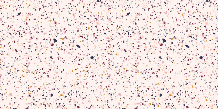 Colorful terrazzo seamless pattern. Vector texture of mosaic floor with stone fragments, chips of marble, granite, limestone, quartz, glass splinters and concrete. Classic Italian flooring background