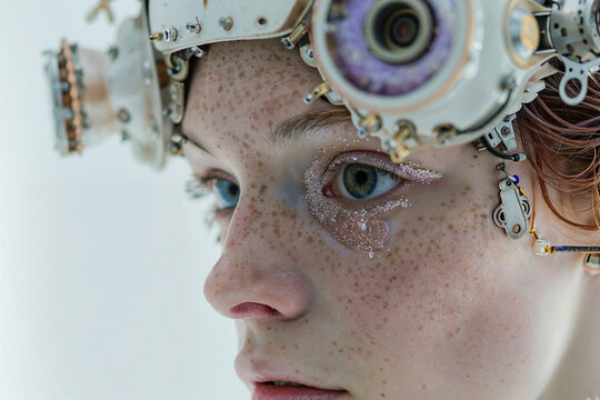 Futuristic female cyborg with mechanical elements. Generative AI image