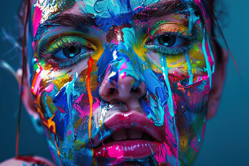Colorful painted face with vibrant hues. Generative AI image
