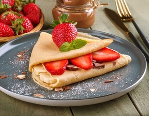 deliciosa crepa de chocolate con fresas y plátano. 